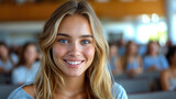 blue-eyed smiling student in a university auditorium, woman, girl, education, college, listener at a lecture, learning, knowledge, portrait, faculty, master, bachelor