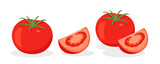 Flat Vector Fresh Tomato Icon Set Isolated. Whole and Quartered Tomatoes Design Templates for Recipes, Menus, Culinary. Organic Tomato Clipart, Logo, Front View