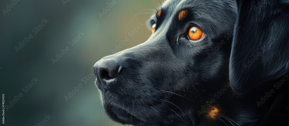 A captivating photograph of a black dog with orange eyes, mysteriously gazing away, unveils an unseen mystery. A captivating photograph of a black dog with orange eyes, mysteriously gazing away, unveils an unseen mystery.