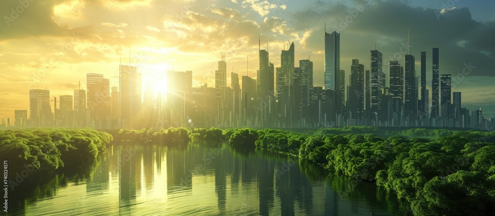 Fototapeta premium This photo showcases a sustainable city with a river in front, embracing the concept of renewable energy.