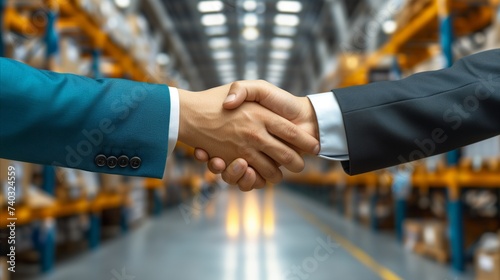 Professional handshake at industrial warehouse, business agreement