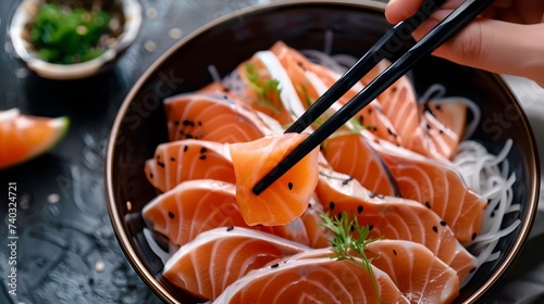 The hands were holding the chopsticks to hold the salmon sashimi. Asian people eating sashimi set in Asian restaurant. Japanese food concept. 