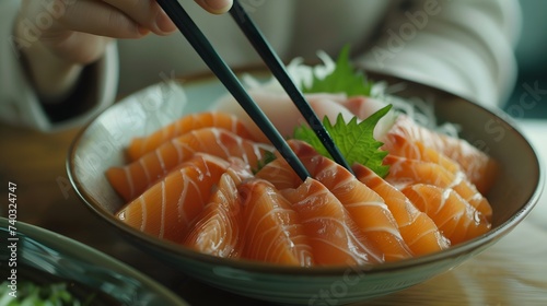 The hands were holding the chopsticks to hold the salmon sashimi. Asian people eating sashimi set in Asian restaurant. Japanese food concept. 