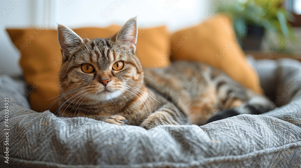 Cute tabby cat lying on sofa at home, closeup