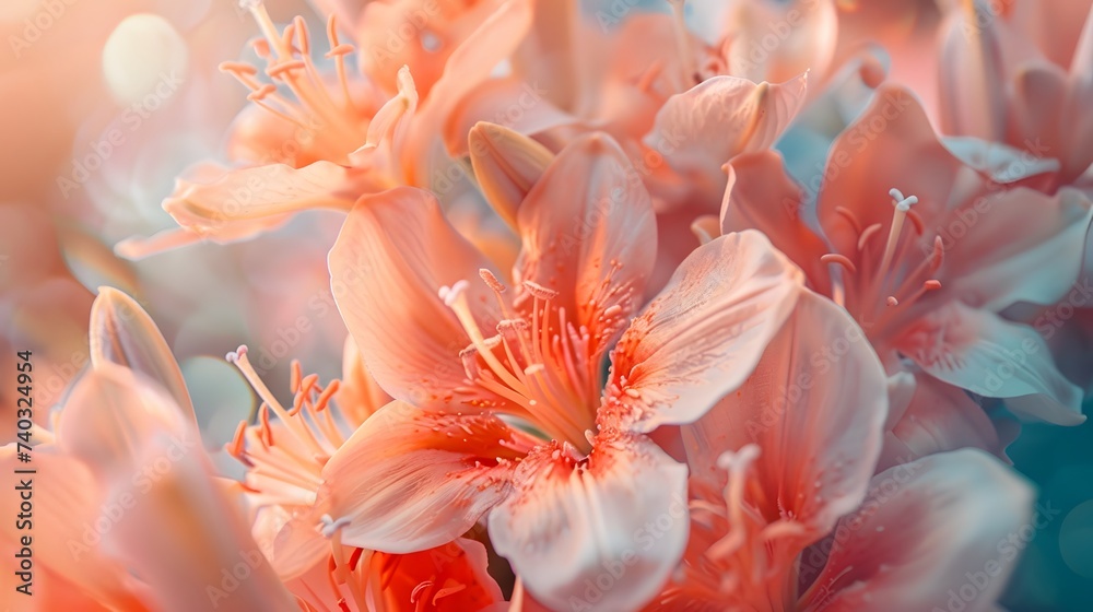 Trendy peach Fuzz lily flower background, close up. Concept color of the year 2024 Peach Fuzz. macro apricot flower creative background.
