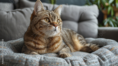 Cute tabby cat lying on sofa at home, closeup © PhotoFlex