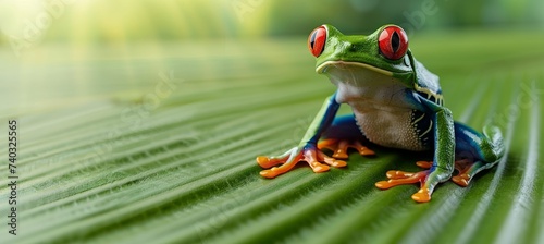 Red eyed amazon tree frog on vibrant palm leaf with ample space for text placement.