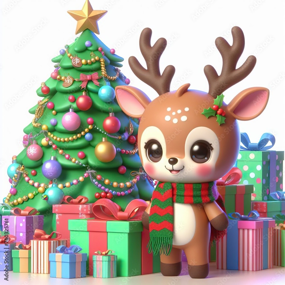 Festive Holiday Scene with a Cute Reindeer and Decorated Christmas Tree. Festive Holiday Scene with a Cute Reindeer and Decorated Christmas Tree.