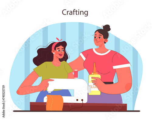 Crafting session concept. Friends sharing creative hobbies.