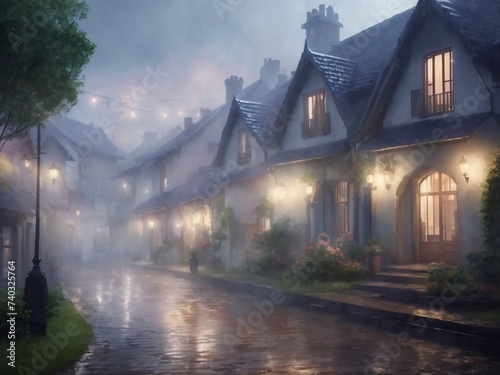 Misty Village Ambiance: An Ethereal AI-Generated Landscape, Immersing a Row of Houses in a Gentle Mist During Rainfall, Each Frame Illuminated by Soft Lighting to Convey a Dreamy Atmosphere, Inviting  © Chathura