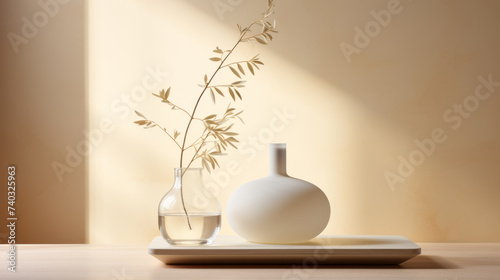 Commercial product photography or tabletop photography. A smooth surface with filtered light and objects in minimalist
