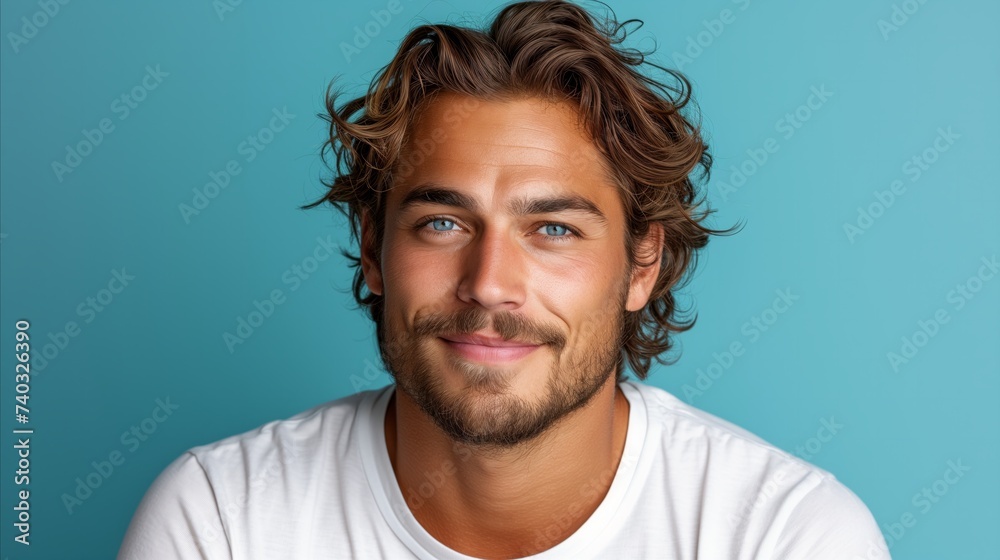 Smiling Young Man With Wavy Hair Against Blue Background Smiling Young Man With Wavy Hair Against Blue Background