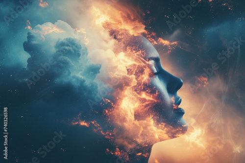 Burnout at work concept, a woman's head surrounded by smoke and flames, depicting the stress she's enduring at work photo