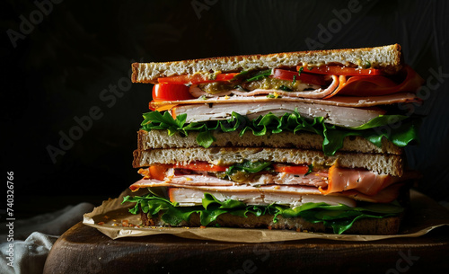 Sandwich with ham, cheese, lettuce and tomato on a dark background
