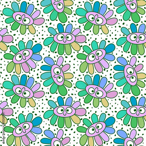 Fototapeta Naklejka Na Ścianę i Meble -  Cartoon summer retro seamless flower pattern for wrapping paper and fabrics and spring packaging and kids print