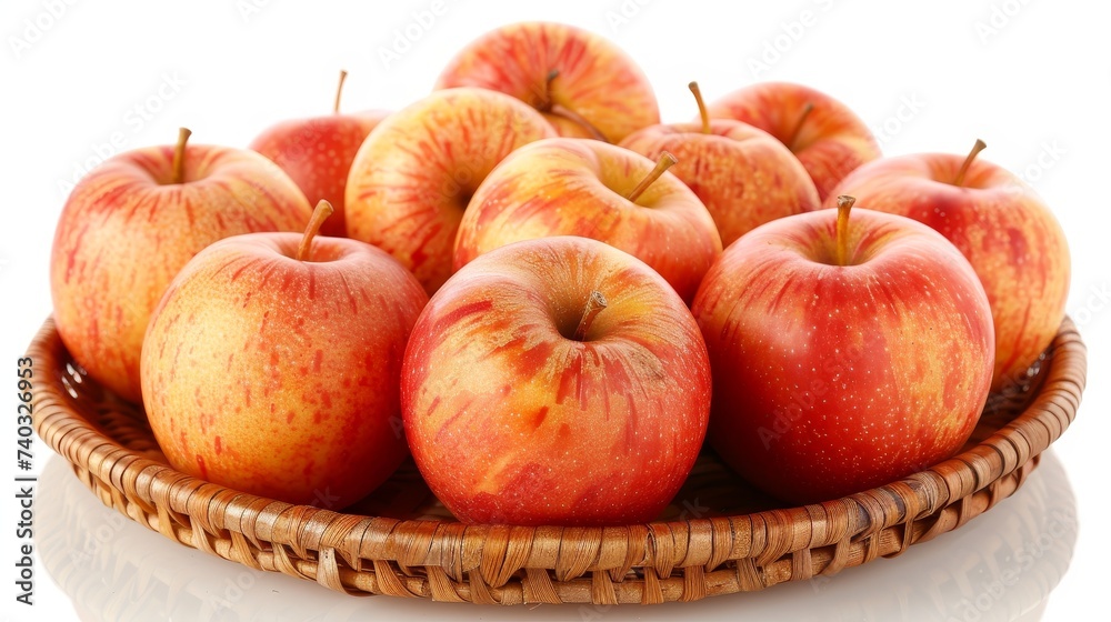 Fresh apples in basket isolated on white with reflection, organic fruits from seasonal orchard. Fresh apples in basket isolated on white with reflection, organic fruits from seasonal orchard.