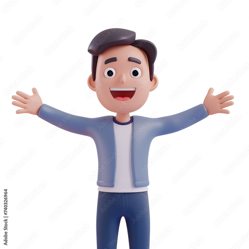 Joyful man with open arms celebrating Simple Cartoon 3D illustration render character, Isolated on Transparent Background, PNG
