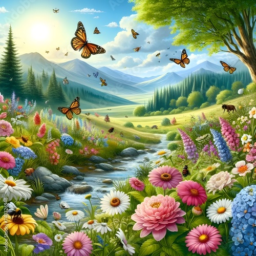 landscape with flowers and birds © sasa