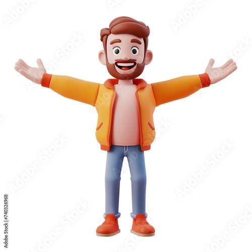 Simple Cartoon 3D illustration render character of a man celebrating with open arms, Isolated on Transparent Background, PNG photo