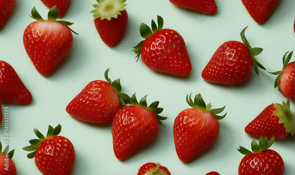 Ripe juicy strawberries, scattered chaotically, on a light background Ripe juicy strawberries, scattered chaotically, on a light background