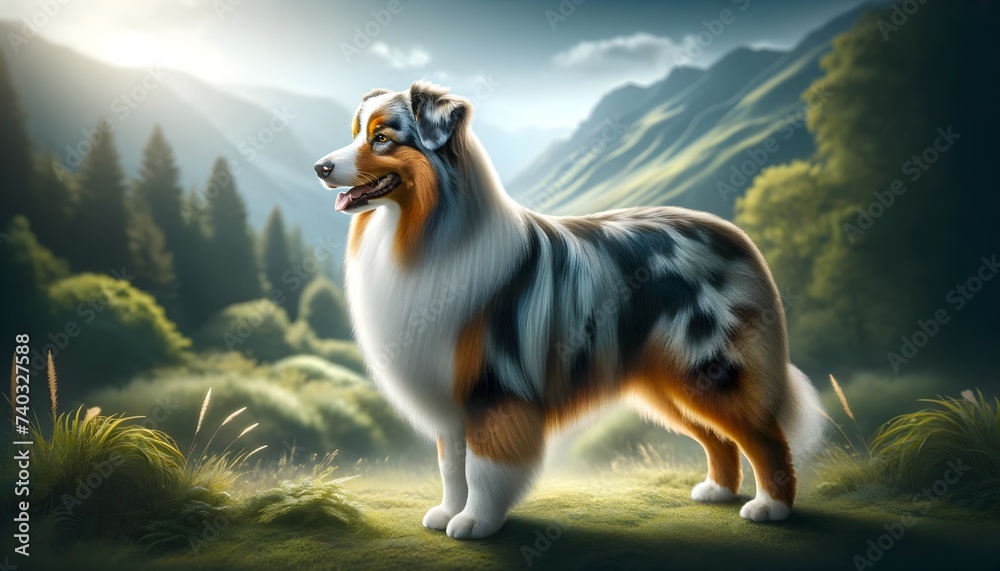 Obraz premium Serene Australian Shepherd in Mountain Landscape, Generative AI