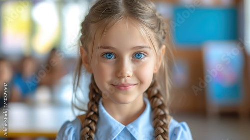 blue-eyed smiling schoolgirl with braids in uniform on the background of a school class, little girl, student, child, kid, children, education, training, study, knowledge, banner, portrait, person