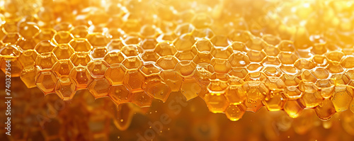 Golden honeycomb background with dripping honey. Sweet and healthy natural dessert. Honey production, apiculture. Propolis, bee wax, realistic honeycomb texture.