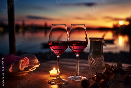 Wine Glass on Lakeside Table, Moonlit Evening, Elegant Setting, Love, Romance, Loneliness, No People