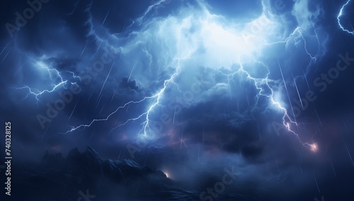 Lightning flashes through rain clouds, dramatic night sky during thunderstorm