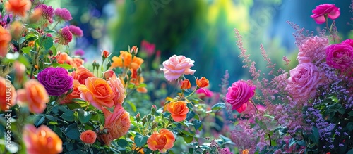 This photo showcases an exquisite display of vibrant flowers, lush bushes, and stunning plants in a blooming symphony of roses, flowers, bushes, and plants.