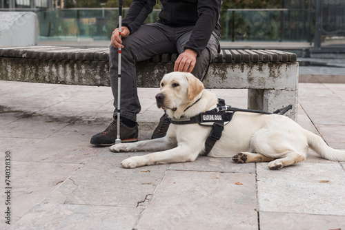 Blind man and his guide dog sitting on the street. Visually impaired people and assistance dogs concept.