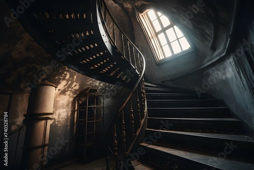 Spiraling stairs within the lighthouse. , .highly detailed, cinematic shot photo taken by sony incredibly detailed, sharpen details highly realistic professional photography lighting light