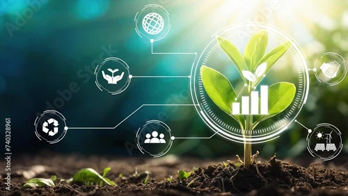 Environmental technology concept, green technology. Alternative energy concept.Net zero emission. sustainable ESG modernization development by using technology of renewable resources.4K. Generative AI