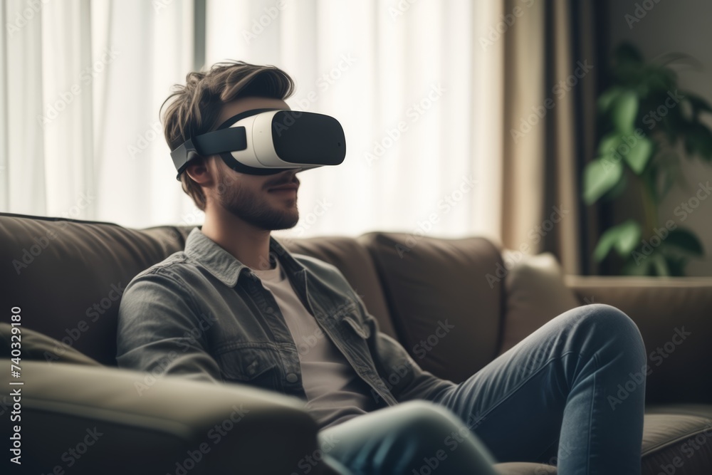 Obraz premium Male wearing VR virtual reality headset. Man with VR headset. 
