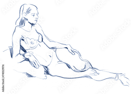 Study sketch of a human figure from life. Outline doodles. Freehand drawing with pencil. Isolated on white background
