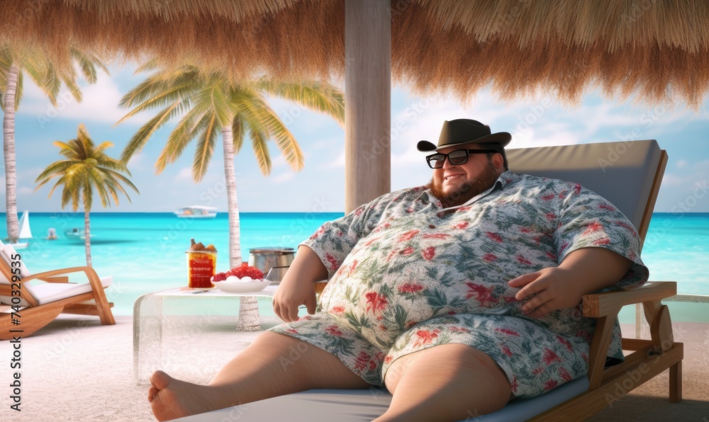 Obese guy is getting a sunburn at a hotel beach