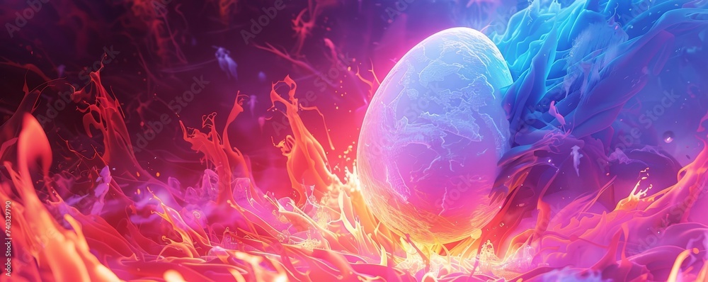 Obraz premium Dynamic illustration of an egg moving through neon flames and ice symbolizing change and resilience