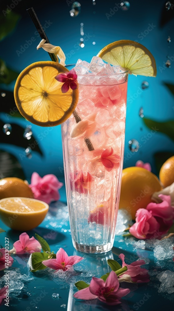 Quenching summer thirst: vibrant fruity drinks on ice, a refreshing blend of citrus, tropical flavors, and coolness for a perfect summer chill-out, deliciously tempting and visually appealing.