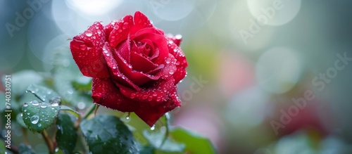 Vibrant red rose blooming with fresh water droplets in morning light