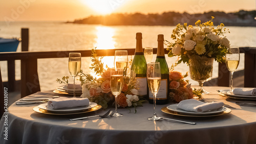 Table  glasses of champagne  beautiful flowers  sea design