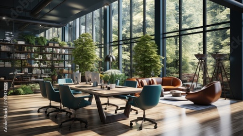 Modern office with plants for a refreshing and productive workspace. eco-friendly open plan modern office space enriched with lush greenery  seamlessly merging nature and work in a harmonious setting.