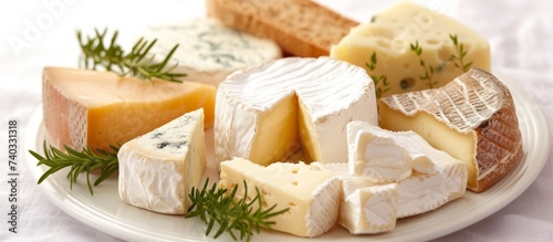 A variety of delicious cheeses on a plate accompanied by a sprig of fresh herbs