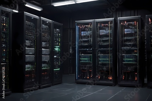 Modern Data Technology Center Server Racks in Dark Room 