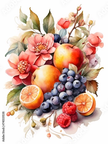 watercolor illustration of fruits and berries