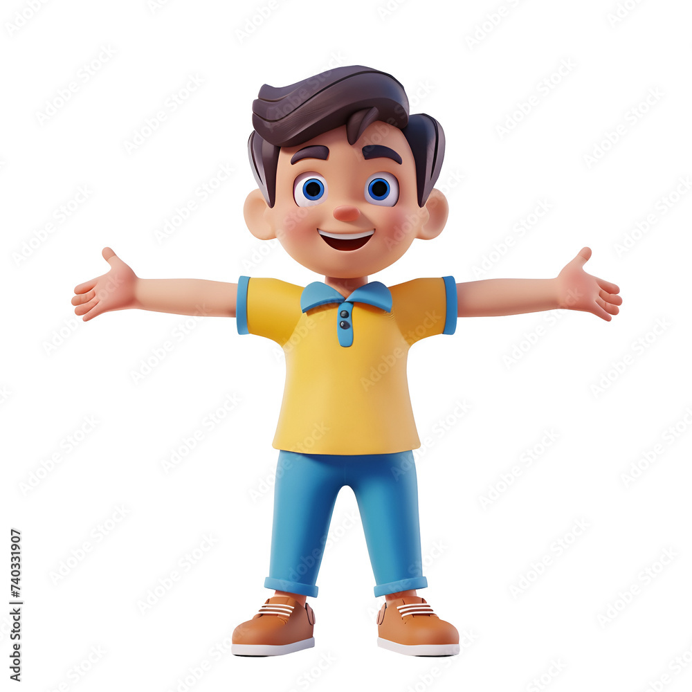 Simple Cartoon 3D illustration render of a Happy boy character kid celebrating with open arms, Isolated on Transparent Background, PNG