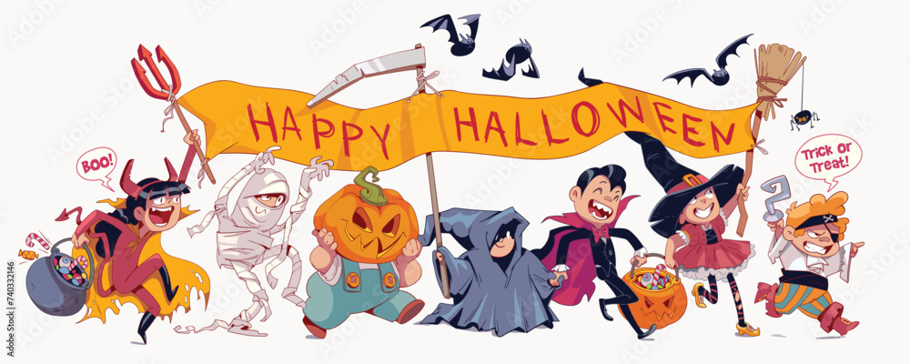 Children celebrating Halloween dressed in a variety of Halloween costumes. Trick or Treat. Colorful cartoon character. Funny vector illustration. Isolated white background