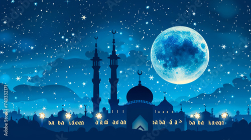 Islamic holy month of Ramdan Mubarak concept with golden crescent moon, lantern and mosque illustration on yellow background.