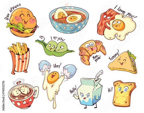 Cute food is drawn in comic style. Drawings adorable haracters with different emotions. Colorful cartoon character. Funny vector illustration. Isolated white background. Sticker pack