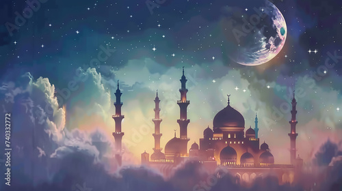 Islamic holy month of Ramdan Mubarak concept with golden crescent moon, lantern and mosque illustration on yellow background.