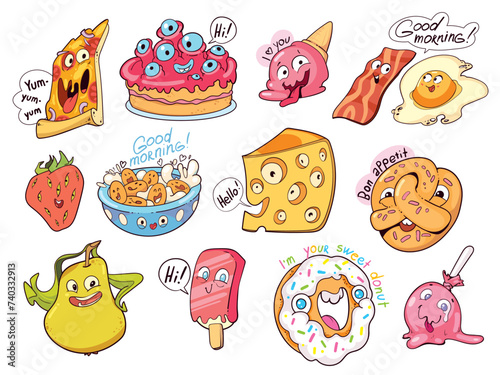 Fun food is drawn in comic style. Drawing characters with different emotions. Colorful cartoon character. Funny vector illustration. Isolated white background. Sticker pack